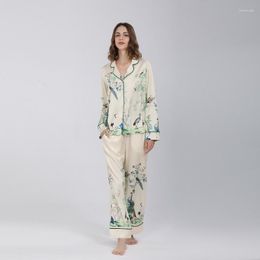 Women's Sleepwear Women Painting Bird Language Floral Pyjamas Sets Sexy Cardigan Pyjamas Suit Satin 2PCS Nightwear Loungewear Home Wear