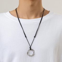 Pendant Necklaces Salircon Simple Leather Wax Cord Chain Adjustable Necklace Fashion Metal Geometry Twist Ring Casual Jewelry