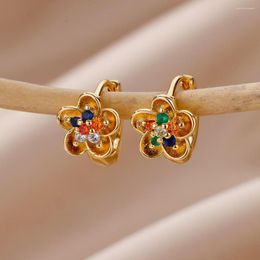 Hoop Earrings Luxury Zircon Flower For Women Gold Plated Stainless Steel Coloured Earring Jewellery Party Gifts 2023