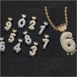 Pendant Necklaces 18K Gold Arabic Numerals Zircon Crown Hip Hop Necklace 60Cm Chain Jewellery Set Iced Out Diamond Number For Women Me Dhlt4