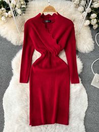 Casual Dresses Autumn Cross V-Neck Elegant Knitted Sweater Elastic Waist Long Sleeve Office Women's Party Dress Red P230606