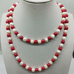Chains Delicate 8-9mm White Freshwater Cultured Pearl &8mm Red Coral Round Beads Necklace 35 Inch Fashion Jewellery 2023
