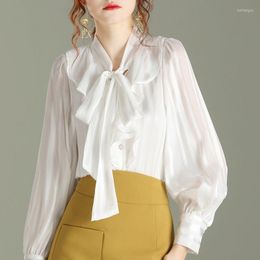 Women's Blouses 2023 Spring White Lacing Ruffled Shirts Female Bow Lantern Sleeve Plus Size Loose Elegant Temperament Women Clothing