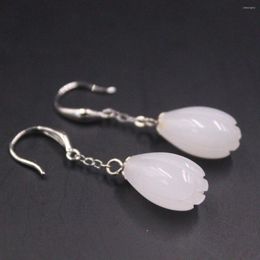Dangle Earrings Pure S925 Sterling Silver For Women White Jade Flower Hook