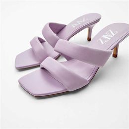2023 Summer Women's shoes Purple Square Toe Lace Women Slide Snadals High heel Sheepskin Lady Sexy Sandals