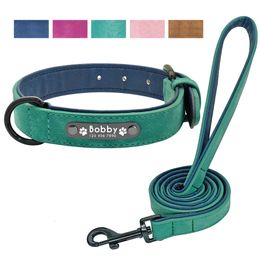 Dog Collars Leashes Personalised Collar and Leash Leather Padded Customised Engraved Dogs Lead Rope Set Bulldog Pitbull 230606