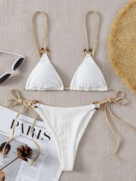 Set Sexy Bikini Set 2023 Cute White Ring Linked Triangle Tie Side Triangle Thong Biquini Swimsuit Swimwear Women Bathing Suit