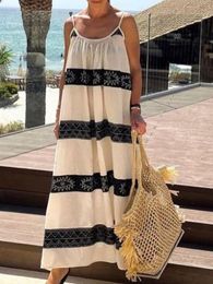 Basic Casual Dresses Bohemian Summer Dress Women Spaghetti Straps Striped Print Beach Long Dress Patchwork Backless Sexy Sleeveless Sundress 230606