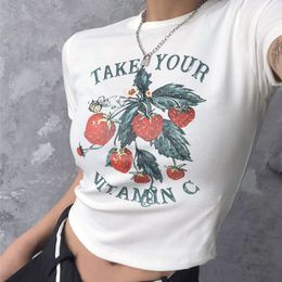 Women's T-Shirt 90s Vintage Cute Casual Sweet Strawberry Print Crop Top Summer Harajuku Streetwear kawaii Graphics Y2K Slim Letter Women T-Shirt 230606