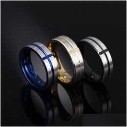 Band Rings Stainless Steel Groove Cross Blue Black Gold Finger Ring Women Men Fashion Jewellery Will And Sandy Drop Delivery Dhtdv