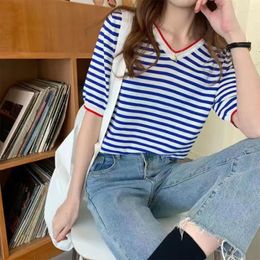 Women's T Shirts Blue Striped Knitted Short Sleeve Summer T-shirt For Woman 2023 Harajuku Kpop Korean Style Tees Tops