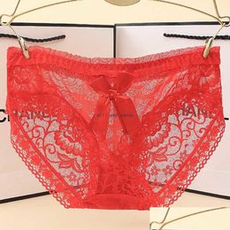 Women'S Panties Sexy Lace Back Hollow Out Bowknot Lingeries Briefs See Woman Underwears Fashion Drop Delivery Apparel Underwear Women Dh89I