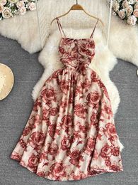 Casual Dresses Romantic Rose Print Spaghetti Strap Y2K Vintage High Waist Large Swing Party Dress Women's Summer Tank Top P230606