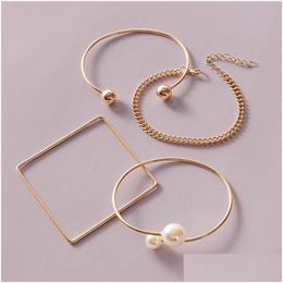 Charm Bracelets 4 Pcs/Set Round Square Pearl Set Mtilayer Adjustable Open Bracelet For Women Bangles Femme Jewellery Drop Delivery Dh9X8