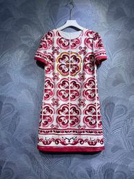 Dress Designer Fashion Flower Print Handmade Beaded 2023 Spring/Summer Short Sleeve Loose Round Neck Dress Monochrome S-XL