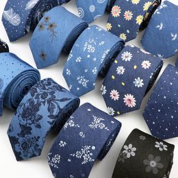 Neck Ties Cotton Denim For Men 7CM Floral Feather Dot Blue Tie Wedding Party Casual Print Slim Neckties Daily Wear Gift 230605