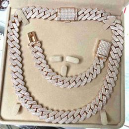 Hip Hop Jewellery Iced Out Vvs 18mm Width 3 Rows Rose Gold 925 Sterling Silver Moissanite Cuban Link Chain Necklace