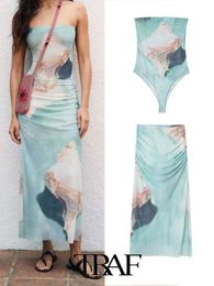 Two Piece Dress TRAF Women Fashion 2Pcs Casual Printed Silk Mesh Jumpsuit TopSilk Screen Midi Skirt Sexy Tops Set 230607