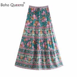 Skirts Boho Queens Hippie Women Pink Floral Print Beach Bohemian Pleated Skirt Ladies High Elastic Waist ALine Rayon Maxi 230607