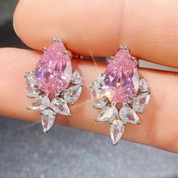 Stud Earrings Brilliant Drop Cut Pink Topaz Cubic Zirconia For Women Wedding Jewelry Charming