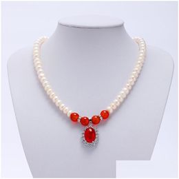 Pendant Necklaces New Fashion Freshwater Pearl Beaded Necklace Mtigrain Natural Green Red Charm Ladies Mother Style Texture Atmosphe Dhagx