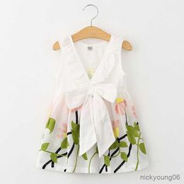 Girl's Dresses New Summer Girls' Dress Fresh Big Bow V-neck Embroidered Leak-back Cute Children's Baby Kids Girls Clothing R230607