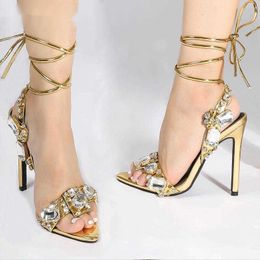 Woman Sandals New Style Gladiator Crystal Diamond Women Summer Ankle Lace-up Ladies Pointed Toe Shoes Sandalias De Mujer 230511