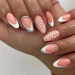 False Nails 24Pcs Simple Almond Glitter White Heart With Rhinestones French Design Wearable Fake Press On Tips Art