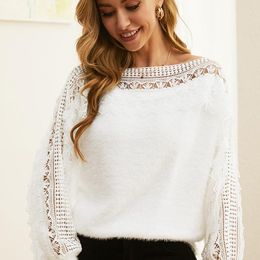 Women's Knits Women Spring Solid Plush Pullovers Sweaters Elegant Long Lantern Sleeve Shirt Tunic Fashion Lace Hollow Top Streetwear