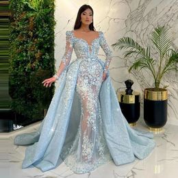 Urban Sexy Dresses Elegant Arabic Sky Blue Mermaid Evening Gowns Sweetheart Lace Crystal Diamond Stick Detachable Dress hem Formal Party 230606