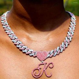 Chains 14MM HipHop Pink Cursive Letter Cuban Link Chain Necklace For Women Full Rhinestone Square Jewelry