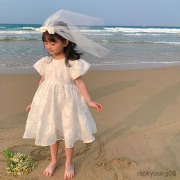 Girl's Dresses Girls Summer Dress Big Flower Sleeve Cute Applique Flowers White Princess Party New Children Clothing R230607