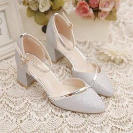 Womens Bridal Sexy Wedding Party Square Heel Pumps for Ladies Women Fashion Golden High Heel Ladies Shoes Silver High Heels