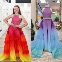 Ombre Girl Pageant Dress Jumpsuit 2023 Stretch Lycra Crystals Romper Tulle Overskirt Little Kid Birthday Formal Party Gown Teens Fun Fashion Moonlight Sunset