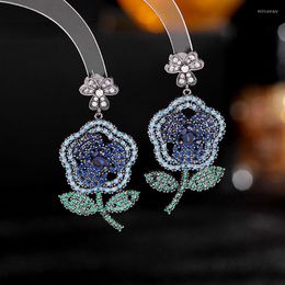 Dangle Earrings Fashion Blue Red Yellow CZ Cubic Zirconia Long Dangling Flower Engagement Party Drop For Women Fine Jewelry Accessories