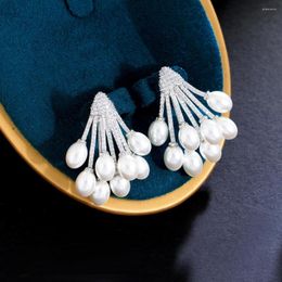 Stud Earrings White Pearls Flower 925 Silver Needle Korean Fashion Statement Baroque Dangle Earings Luxury Jewelry