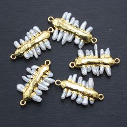 Beads APDGG Wholesale 5 Pcs Freshwater Cultured White Biwa Pearl Beads Connector Pendant Gold Plated Beads For Necklace Making DIY