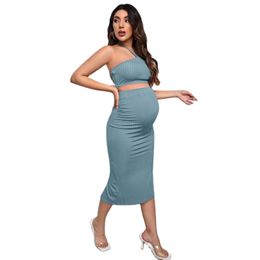 Two Piece Dress Maternity Two Pieces Skirt Set Summer Pregnant Women Twinset Suit Sexy Halter Cropped TopSkirt Premama Outfits Clothes 230606