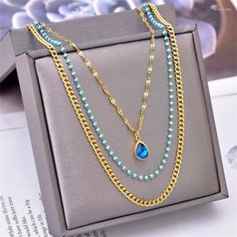 Pendant Necklaces Stainless Steel Blue Water Drop Crystal Necklace For Women Girls Trend 3in1 Cuban Chains Choker Jewelry Gift