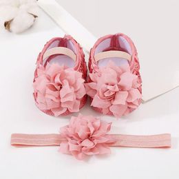 First Walkers Spring Infant Baby Girls Shoes Born Lace Flowers Headband Anti-Slip Soft Sole Toddler Kids Cotton Baptism