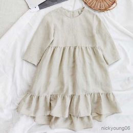 Girl's Dresses Girls' Cotton And Linen Princess Dress Autumn New Children O-neck Long-Sleeve Baby Kids Clothing TZ64 R230607