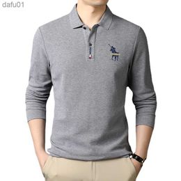 New Men's Solid Colour Embroidery Lapel Long-sleeved T-shirt Men's Casual Business Outdoor Polo Shirt L230520