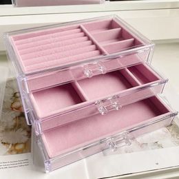 Jewellery Boxes Velvet Three-Layer Jewellery Storage Box Acrylic Organisers Earring Rings Necklace Large Space Jewellery Case Holder Women 230606