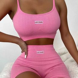 Damen Tacksuits Damen Camisole 2-teiliges Set Tank Shot Sleeve T und Shots Hochelastischer Stoff Sweet Babes Summe Beach Paty Kleidung Spotswea Yoga