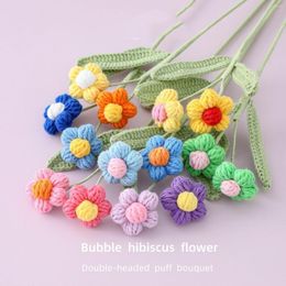 Decorative Flowers 3Pcs Crocheted Double-headed Puff Flower Artificial Branch Potted Material Iron Basket Decoration Birthday Gift Colorful