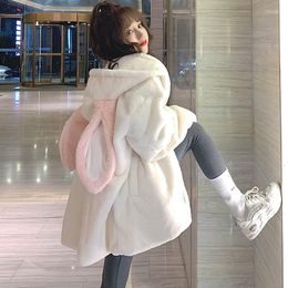 Women's Jackets Fleece Zip Up Hoodies Cute White Ear Sweatshirt Women Hooded Lamb Wool Jacket Black Loose Japan Style Coat Kawaii