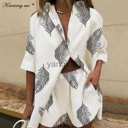 Women's Two Piece Pants Summer Bearch Suit Women Leaf Printed Two Piece set Elegant casual Lapel Single Breasted Shirt Loose Pants Shorts outfit set J230607