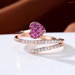 Wedding Rings Charm Rose Red Stone Love Heart For Women Gold Color Ins White Zircon Bands Engagement Ring Bridal Jewelry CZ