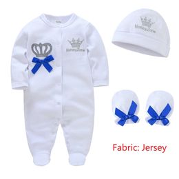 Rompers Baby Boy Girl Romper Prince Princess Royal Crown Clothing Set Cap Mitts born One-Pieces Footies 100% Cotton Sleepers Pijamas 230606