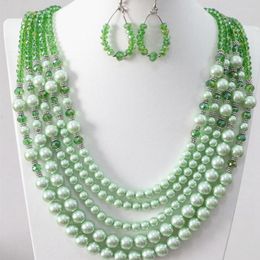 Necklace Earrings Set Light Green Round Shell Imitation Pearl Abacus Glass Crystal Unique 5rows Wholesale Jewellery B983-15